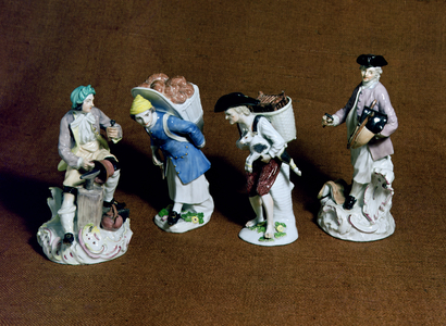 Meissen figures: saddler, goat seller and coppersmith, modelled by Johann Joachim Kandler (1706-75) and a baker boy by Peter Reinicke (1715-68), c.1750 (porcelain)