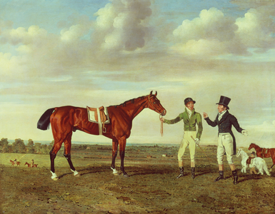 'Zinganee' held by Sam Chifney Junior with the owner Mr. William Chifney, at Newmarket, c.1829 (oil on canvas)