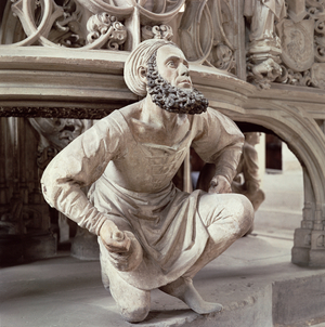 Self portrait of Adam Krafft (1460-1508), stone sculpture at the base of the ciborium