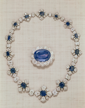 The Princess Royal's Sapphires - sapphire and diamond brooch and necklace.