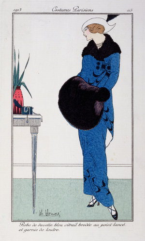 Woman in embroidered dress of duvetyne with otter trim from "Costumes Parisiens", 1913 (pochoir print)
