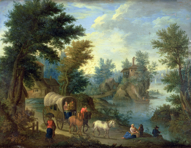 A wooded river landscape with travellers (oil on copper)
