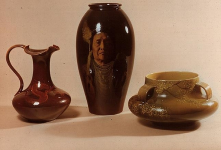 Vase with portrait of Chief Joseph of Nez Perce tribe, signed by W.P.Macdonald; ewer with dragon motif marked with initials of Albert R.Valentien; bowl with Japanese flower motif (ceramic)