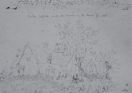 Cottage at Holton with the church in the background (pen and ink on paper)