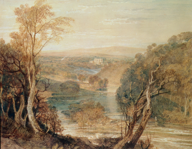 The River Wharfe with a distant view of Barden Tower