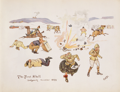 The First Shell, Ladysmith, 1899, from 'The Leaguer of Ladysmith', 1900 (colour litho)