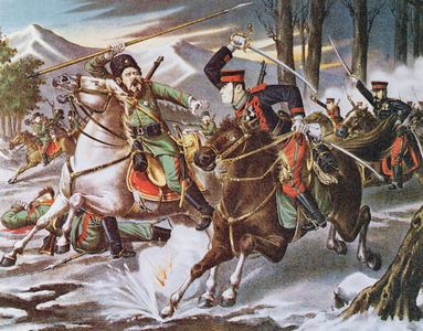 Japanese and Russian cavalry troops clash near Chŏnju, North Pʻyŏngan Province, Korea, c.1904 (colour litho)