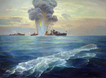 British destroyer Vittoria torpedoed by the Bolshevik submarine Pantera off the island of Seiskari on 1st September 1919, 1939 (oil on canvas)