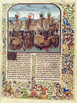 Fr 2643 f.82 Battle of Ecluse, 24th June 1340, from 'Froissart's Chronicle' (vellum)