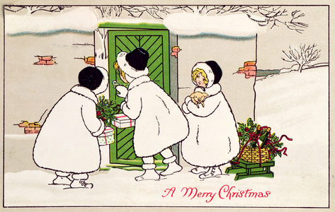 'A Merry Christmas': Three Little Girls with Christmas Fayre, Victorian postcard