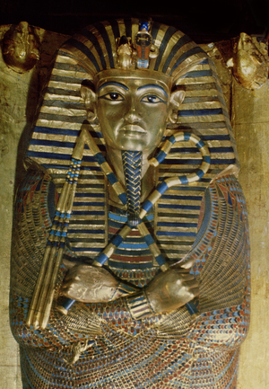 Innermost coffin of Tutankhamun, from the Tomb of Tutankhamun (c.1370-1352 BC) New Kingdom sheet gold, lapis lazuli & other semi-precious stones) (detail)