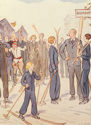 Waiting for the Ski Lift, from 'Manners and Modes in the Mountains' (colour litho)