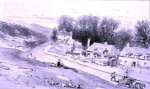 Road with cottages, carts and geese, 19th century