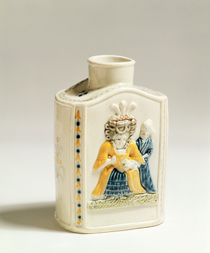 Prattware tea caddy, decorated with caricatures of ladies' fashions, c.1790-1800 (ceramic)