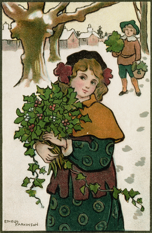 Girl with Holly in the Snow (colour litho)