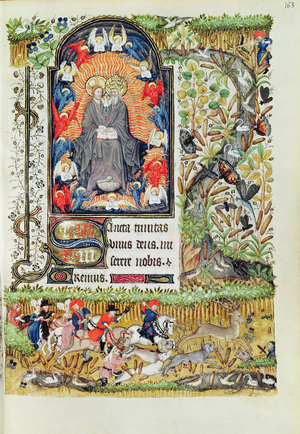 Lat 1156 B f.163 November; deer hunting, from the Hours of Marguerite d'Orleans, 1426-38