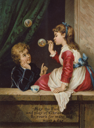 Children Blowing Bubbles, Victorian Christmas postcard