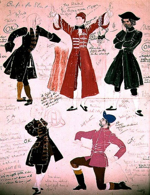 Ballet costume designs: The Rake, The Jockey, The Hornblower, The Tailor (pen & ink and gouache on paper) ink and gouache on paper)