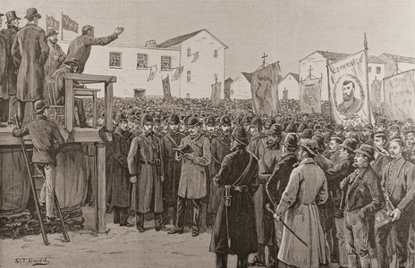 Constabulary Guarding a Government Reporter at a 'Plan of Campaign Meeting', from 'The Illustrated London News', 8th January 1887 (engraving)