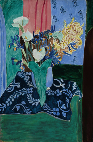 Arums, Iris and Mimosas (Flowers in a Blue Vase on a Blue Tablecloth), 1913 (oil on canvas)