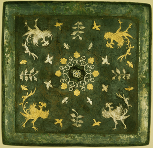Mirror, bronze with lacquered back, decorated in gold and silver with scroll work, Tang Dynasty (618-906)