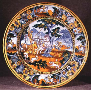 Nevers dish depicting a hunting scene adapted from two prints by Antonio Tempesta, c.1660 (faience)