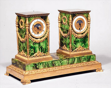 Empire clock and calendar, malachite and ormolu, signed 'Lesieur a Paris', 1819