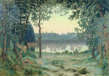 Stage design for Rimsky-Korsakov's 'Legend of the Invisble Town Kitezh', 1907 (w/c, silver & bronze on paper)