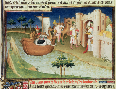 Marco Polo with elephants and camels arriving at Hormuz on the Gulf of Persia from India, c.1410-12 (tempera on vellum)