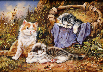 Three kittens watching a beetle