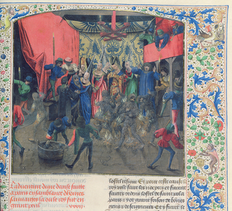 Fr 2646 f.176 Bal des Ardents', Charles being saved by the Duchess of Berry after Louis of Orleans set fire to the dancer's costumes, 1392, from Froissart's Chronicle (vellum)