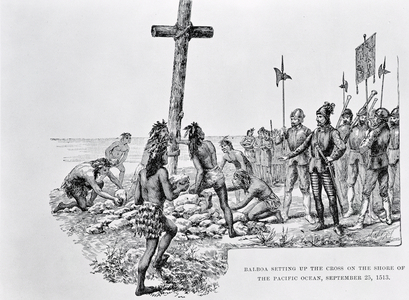 Balboa Setting up the Cross on the Shore of the Pacific Ocean, 25th September 1513, from 'The American Continent and its Inhabitants before its Discovery by Columbus', by Anne C. Cady, 1893 (engraving) (b&w photo)