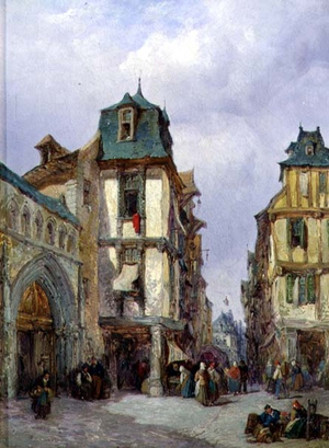 Townswomen Shopping (oil on panel)