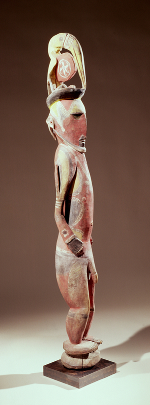 Abelam ancestor figure bearing hornbill on head, New Guinea (painted wood)