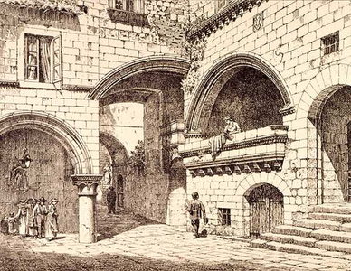 Part of the Piazza San Pellegrino, Viterbo, Italy, from 'Examples of the Municipal, Commercial, and Street Architecture of France and Italy from the 12th to the 15th Century, publ. by W.Mackenzie, 1841 (engraving)