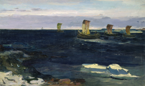 The Semyon Dezhnev's explorer expedition on 1648, 1952 (oil on canvas)