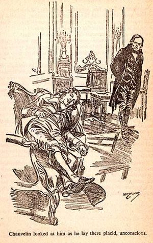 Chauvelin Looked at him as he Lay there Placid, Unconscious, scene from 'The Scarlet Pimpernel' by Baroness Orczy (1865-1947) 1949 (engraving)