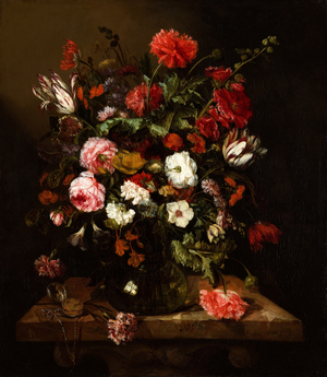 Flower Still Life with a Timepiece,  c.1663-65 (oil on canvas)