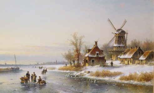 Windmill by a Frozen River (oil on panel)