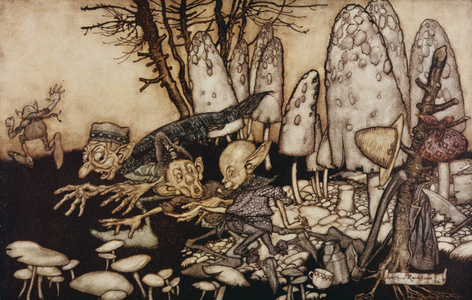 "A band of workmen, who were sawing down a toadstool, rushed away, leaving their tools behind them" from 'Peter Pan in Kensington Gardens' by J.M. Barrie, 1906
