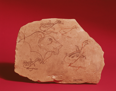 Ostrakon depicting the head of a lion and four quail chicks, probably from Thebes, 19th-20th Dynasty (painted limestone)