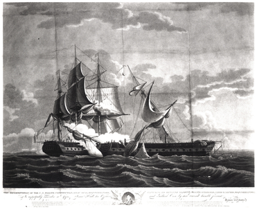 Representation of the US frigate, 'Constitution', Isaac Hull (1773-1843) Esq. Commander, Capturing His Britannic Majesty's Frigate, 'Guerriere', James R. Dacres, Esq. Commander, August 19th 1812, engraved by Cornelius Tiebout (c.1773-1832) (engraving) (b&w photo)