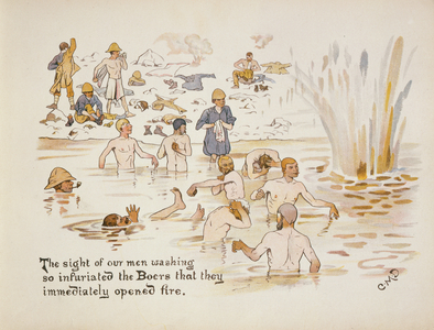 'The sight of our men washing so infuriated the Boers that they immediately opened fire', from 'The Leaguer of Ladysmith', 1900 (colour litho)