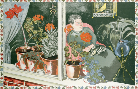 Window Plants (coloured woodcut)