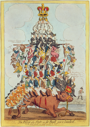"The Pillar of the State, or John Bull Overloaded", after Cruikshank in 1819, 1827 (engraving) (see 22565)