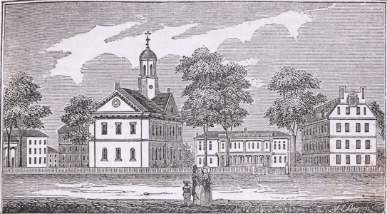 Harvard University, Cambridge, from 'Historical Collections of Massachusetts', by John Warner Barber, 1839 (engraving)
