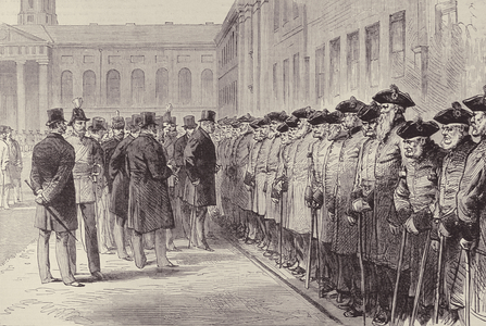 Bicentenary of Chelsea Hospital: Duke of Cambridge Inspecting the Pensioners, from 'The Illustrated London News', 25th February 1882 (engraving)