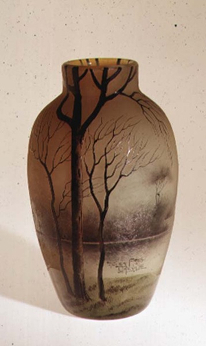 Verre double vase, enamelled, cut and acid-etched, signed by Muller Brothers, Luneville, c.1900