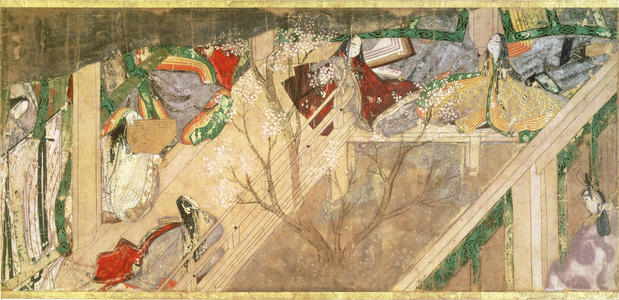 'The Tale of Genji' ('Genji Monogatari') 10th century novel about the romantic life of Prince Genji, illustration by Hikokuni Tokugawa II (fl.1821-24), pub. 19th century, (colour woodblock print on a scroll)