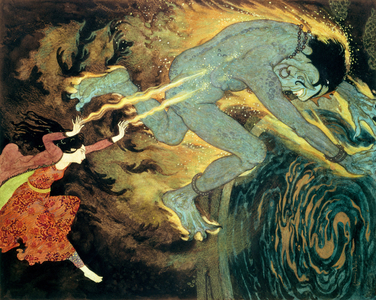 The Princess Burns the Elfrite to Death, from The Story of the Three Calenders in 'Sinbad the Sailor and Other Stories' (colour litho)